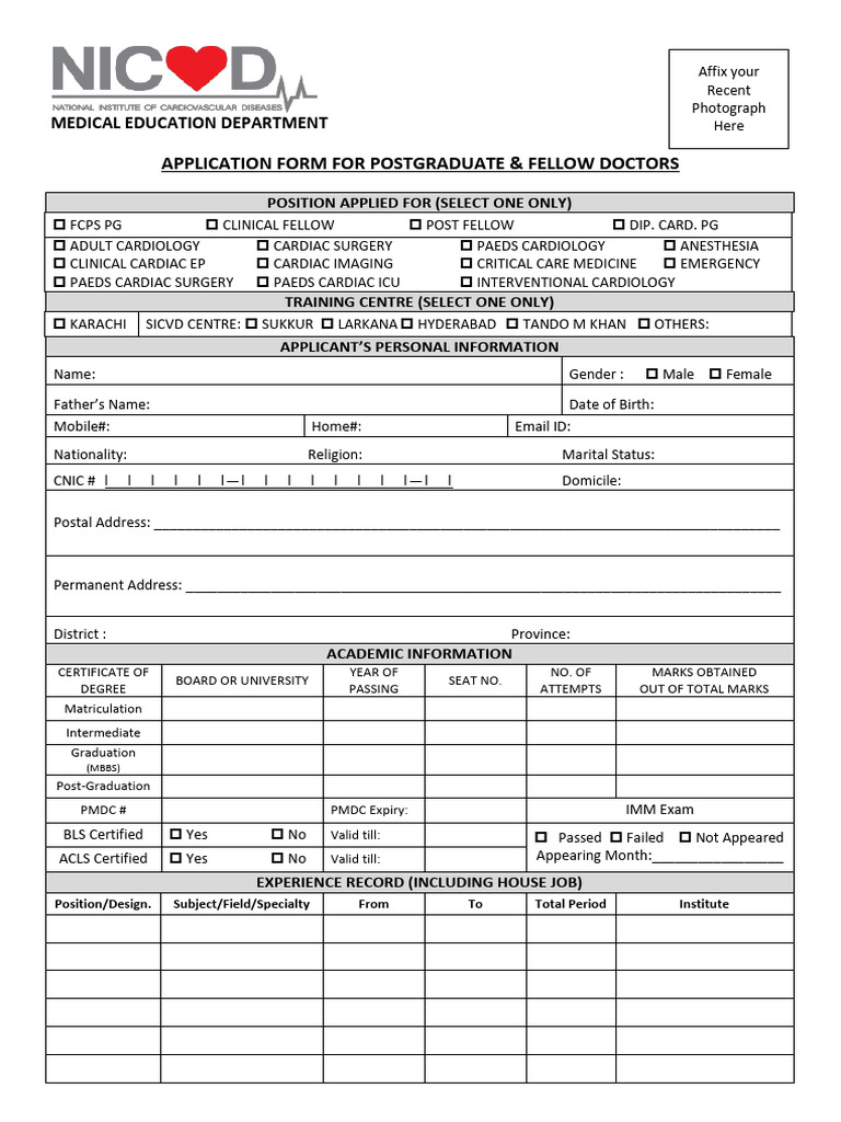 Application Form For Postgraduate and FellowDoctors | PDF | Health Care