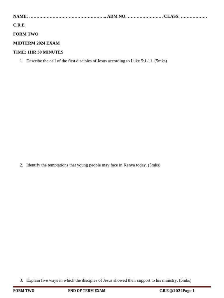 C.R.E Form Two Midterm Exam 2024 | PDF
