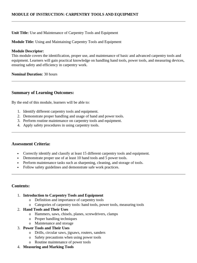 MODULE OF INSTRUCTION Carpentry Sample | PDF | Tools | Carpentry