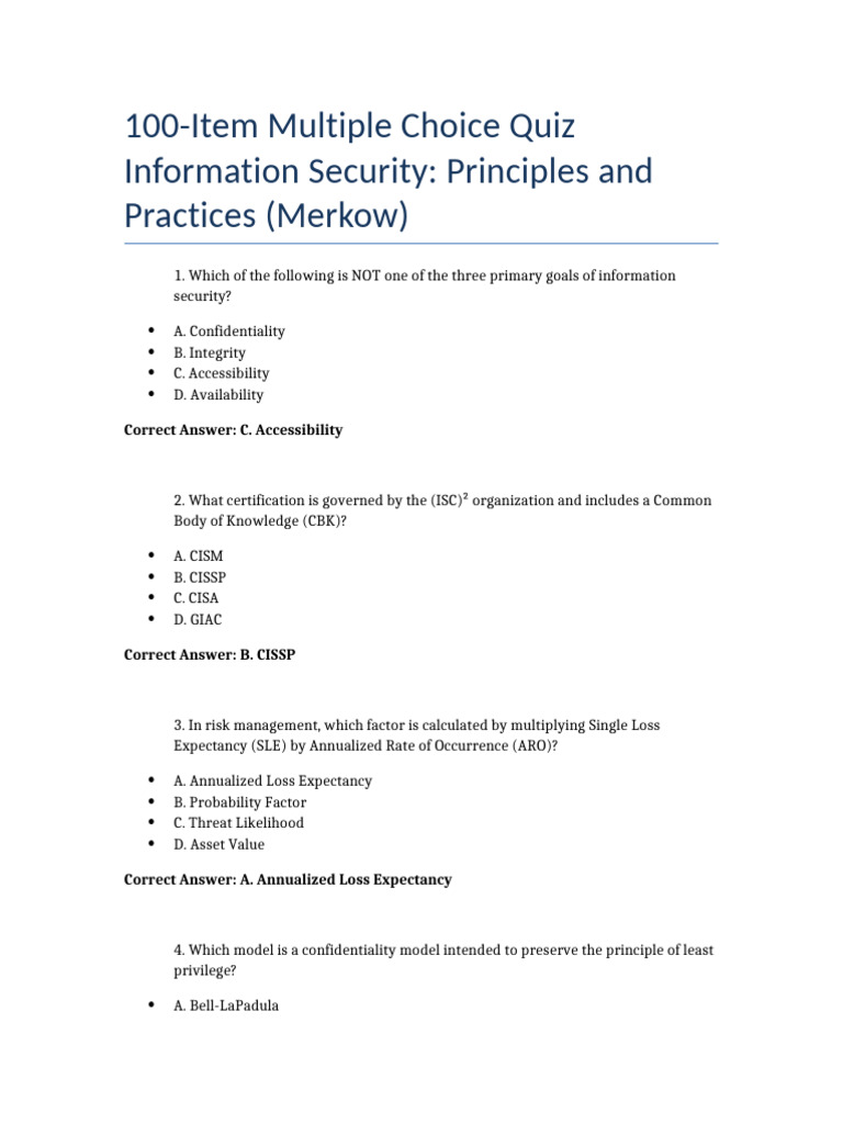 100 Item Quiz Information Security | PDF