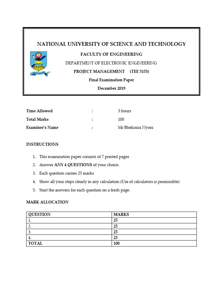 2019 TEE5155 Project Management Exam | PDF
