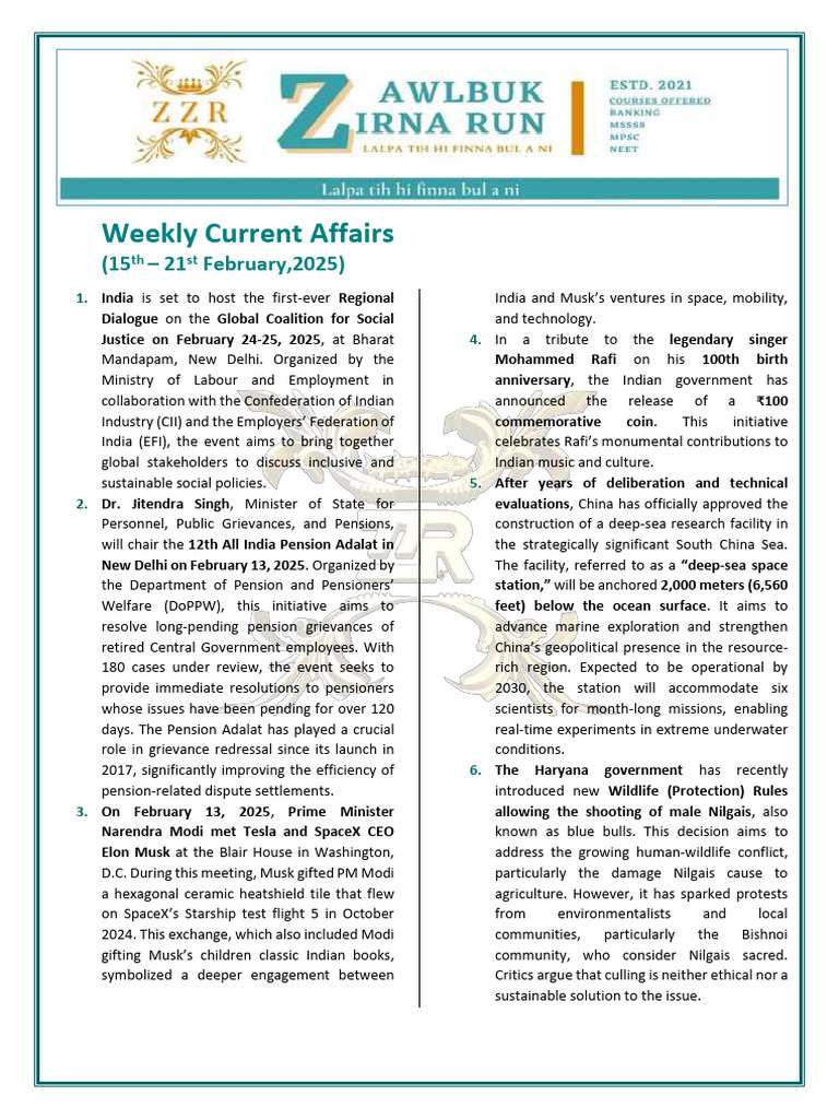 Weekly Current Affairs: Feb 15-21, 2025 | PDF | Reserve Bank Of India