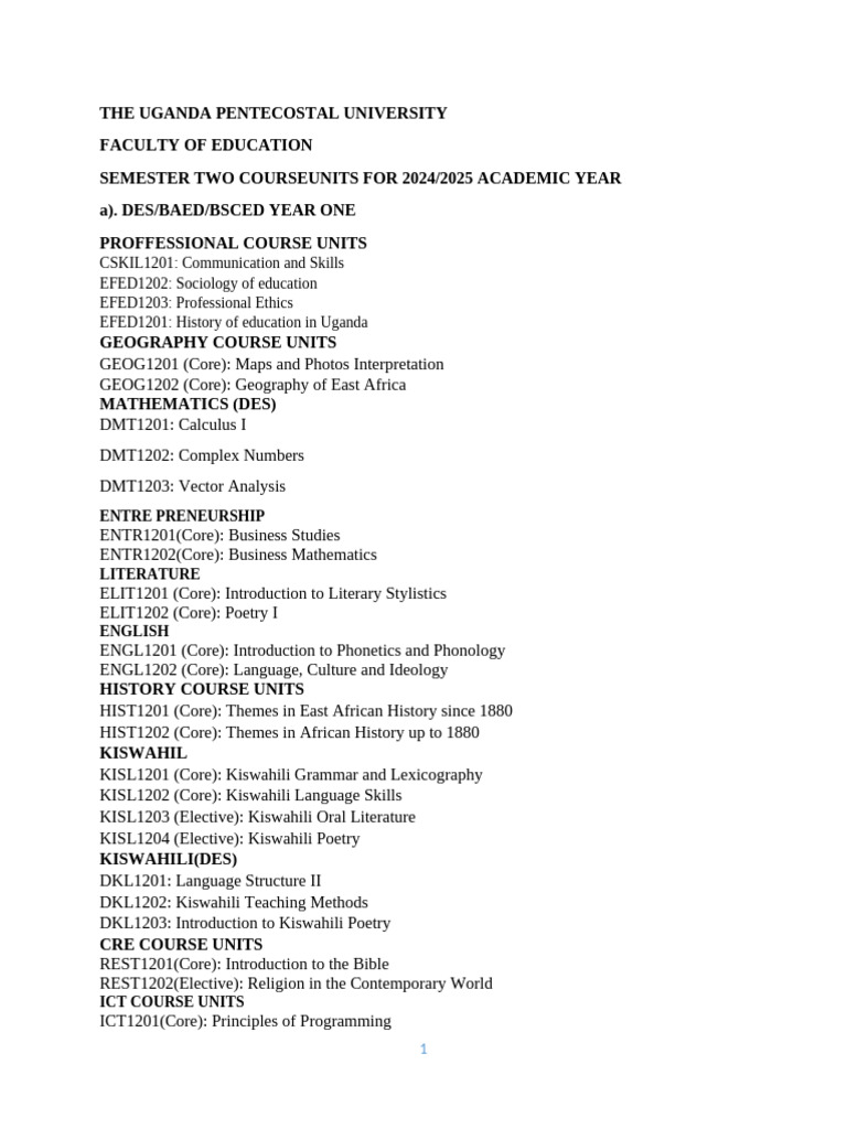 2024/2025 Semester Course Units | PDF | Economics | Swahili Language