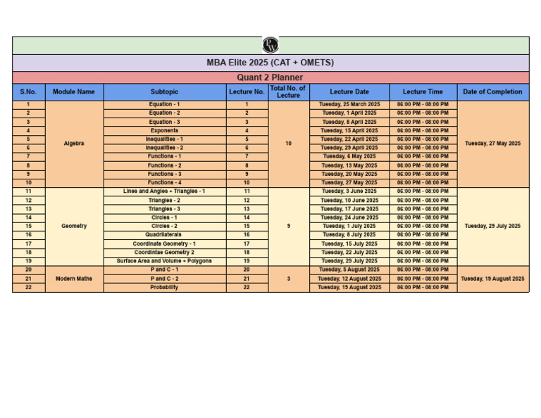 MBA Elite 2025 Quant Schedule | PDF | Geometry | Area