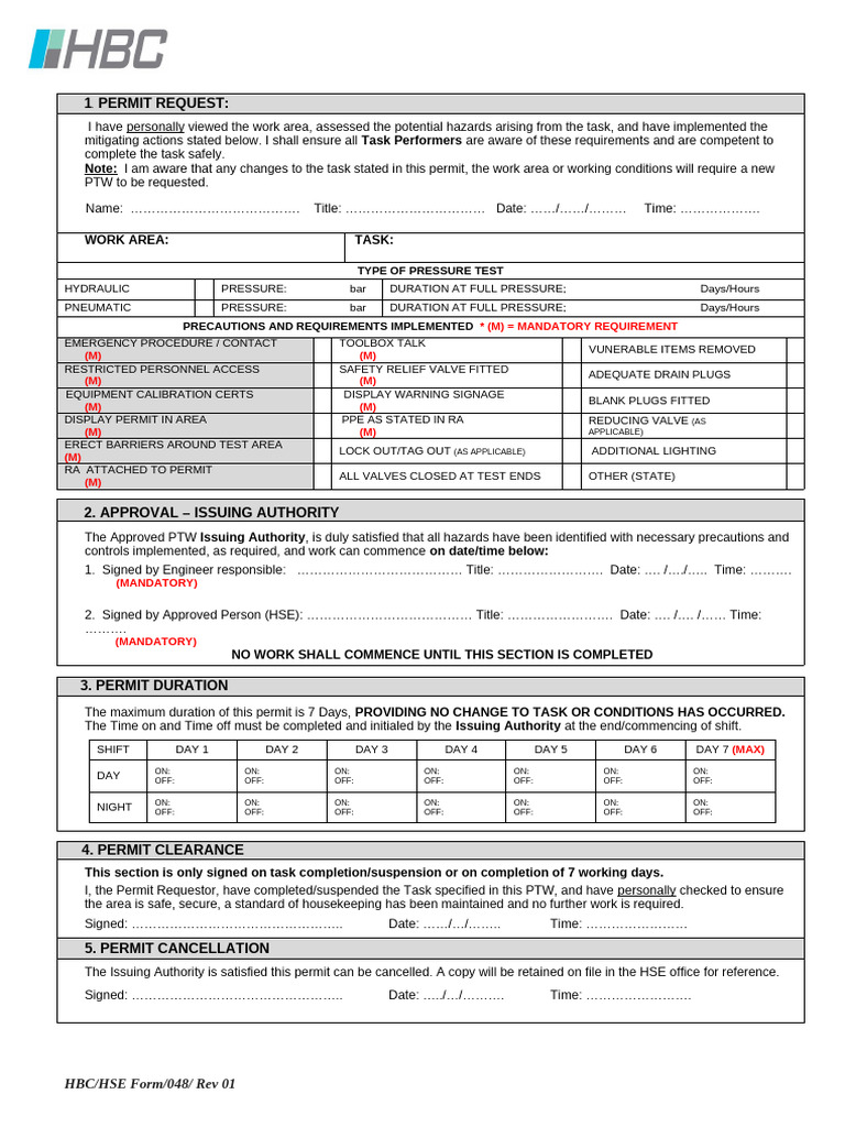 Pressure Test Permit Request Form | PDF | Valve | Occupational Safety ...