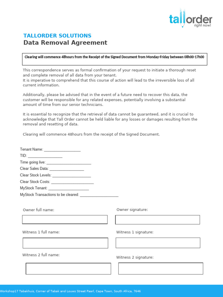 Tall Order Data Removal Document | PDF