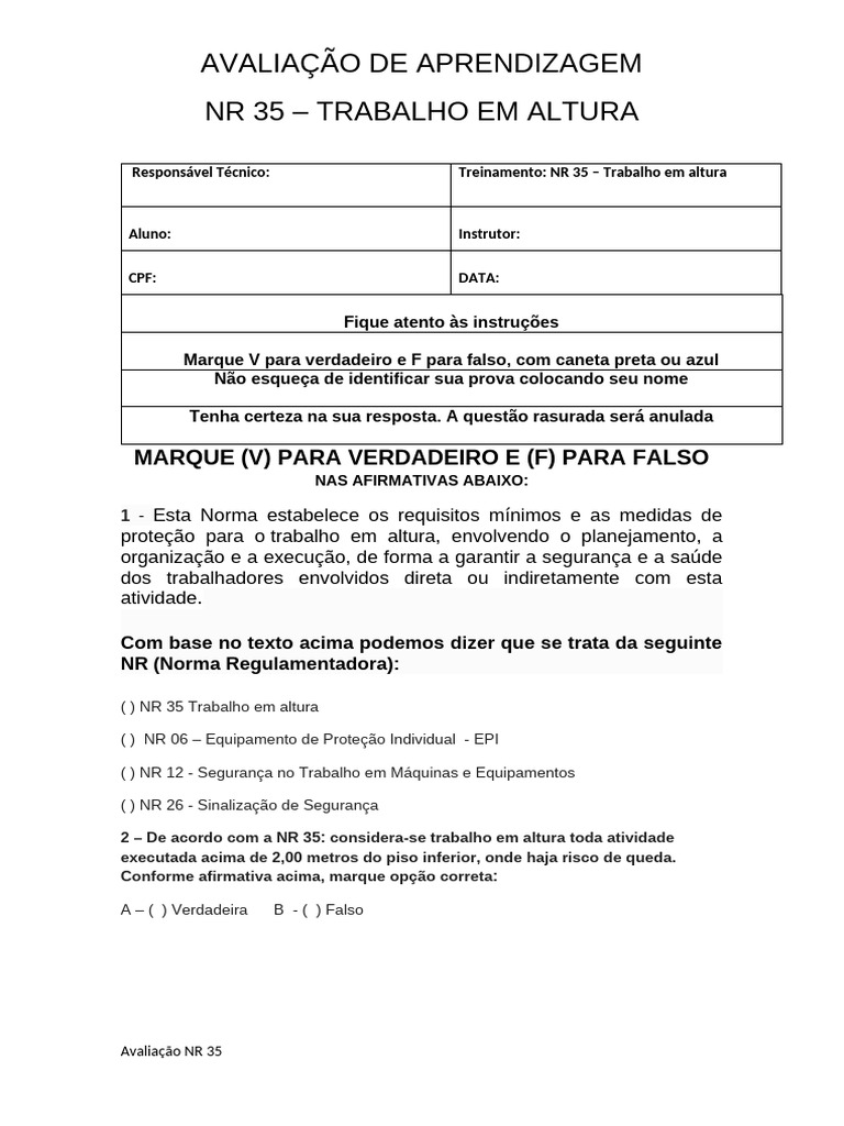 Avaliação de Aprendizagem NR 35 | PDF