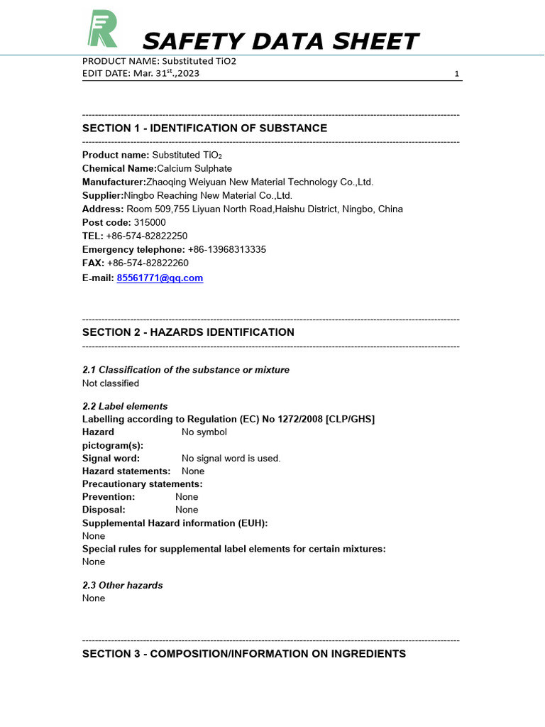 Substituted TiO2 Safety Data Sheet | PDF | Toxicity | Dangerous Goods