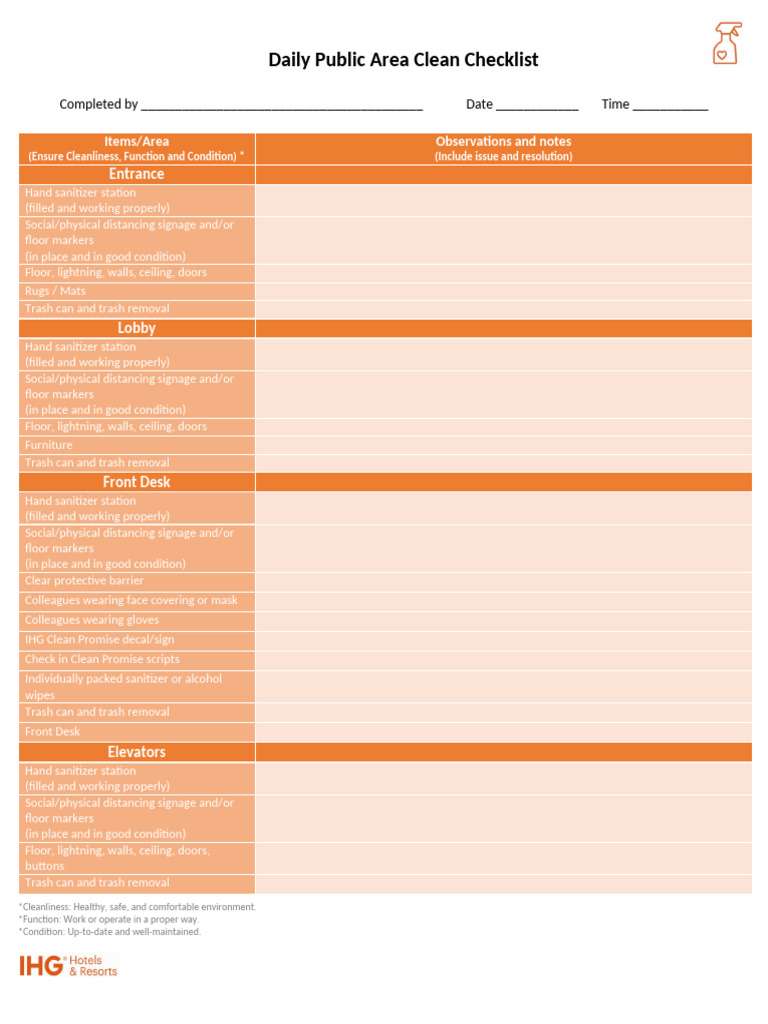 Daily Public Area Cleaning Checklist | PDF | Disinfectant