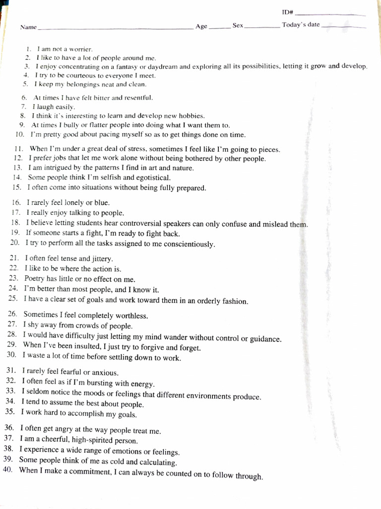 Personality Assessment Responses | PDF | Emotions | Behavioural Sciences