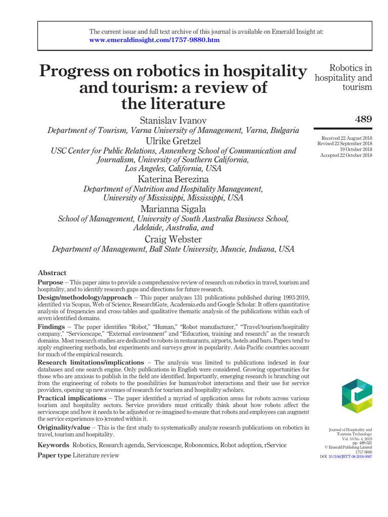 Progress On Robotics in Hospitality and Tourism | PDF | Methodology | Robot