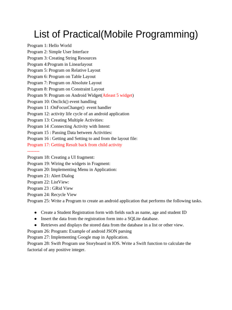 List of Practical (Mobile Programming) | PDF
