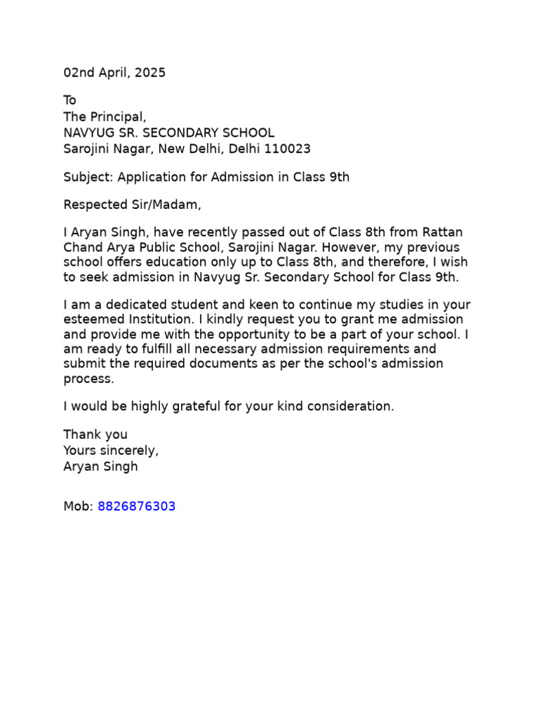 Admission Application for Class 9 | PDF