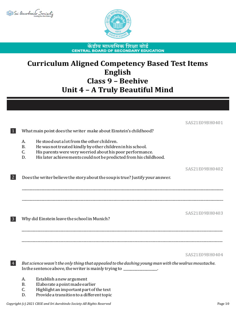 Class 9 Beehive Competency Based Questions A Truly Beautiful Mind | PDF ...
