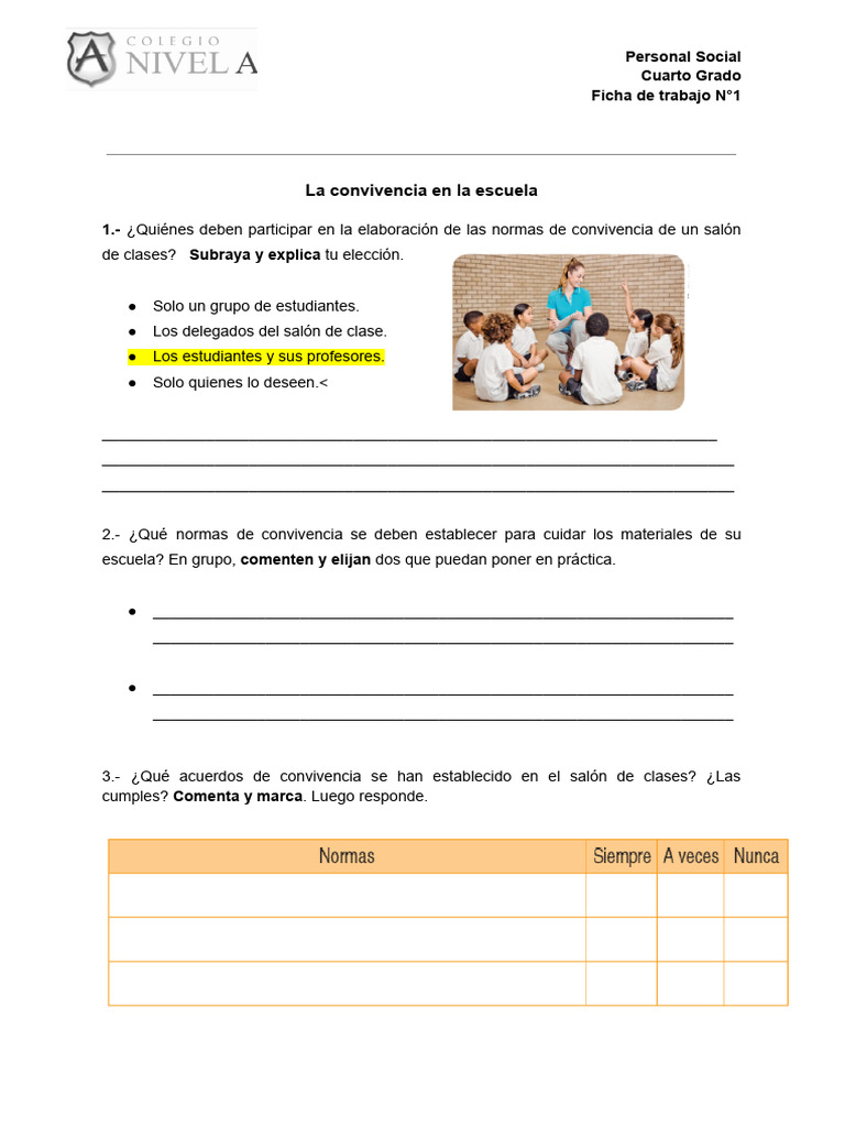 Normas de Convivencia Escolar en 4° Grado | PDF