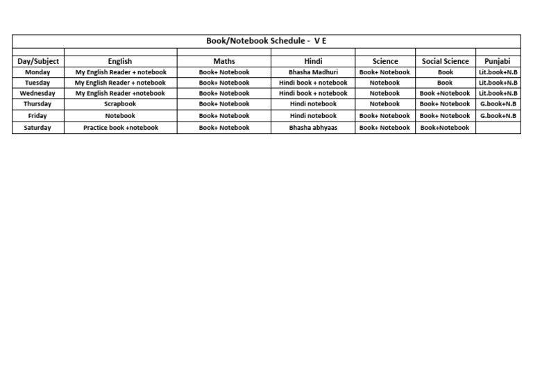 Weekly Book and Notebook Schedule | PDF