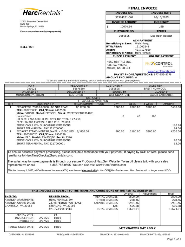 Herc Rentals Invoice Payment Details | PDF | Business | Services ...