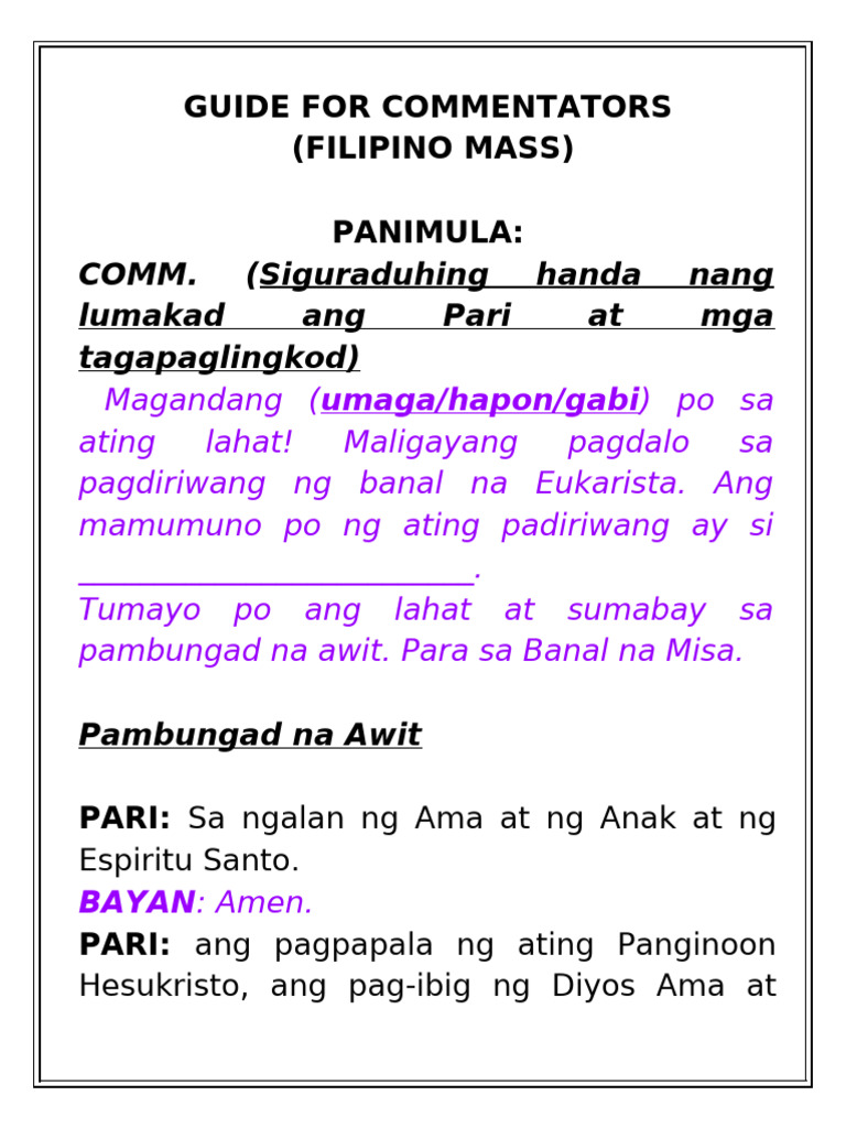 Guide For Commentators Filipino Mass | PDF