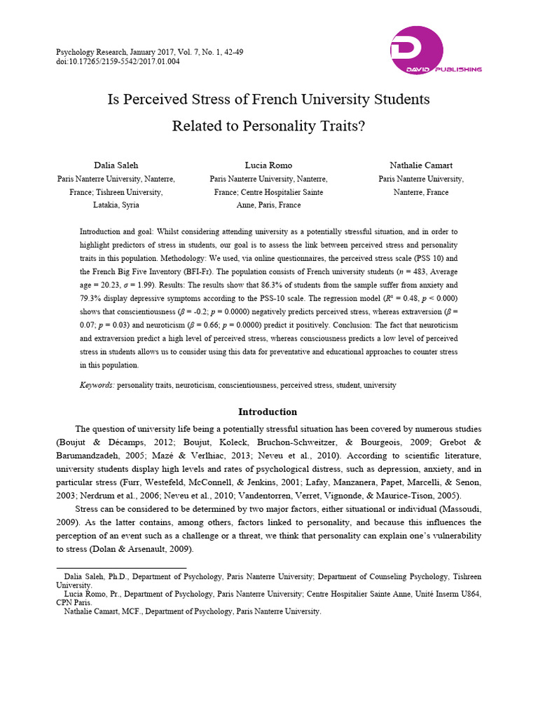 Stress and Personality in French Students | PDF | Psychology ...