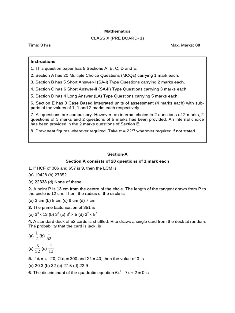 Class X Mathematics Pre-Board Exam Paper | PDF | Circle | Euclidean ...