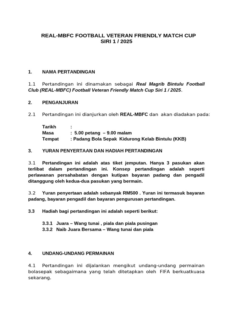 Peraturan Pertandingan Real MBFC Football Veteran Friendly Match | PDF