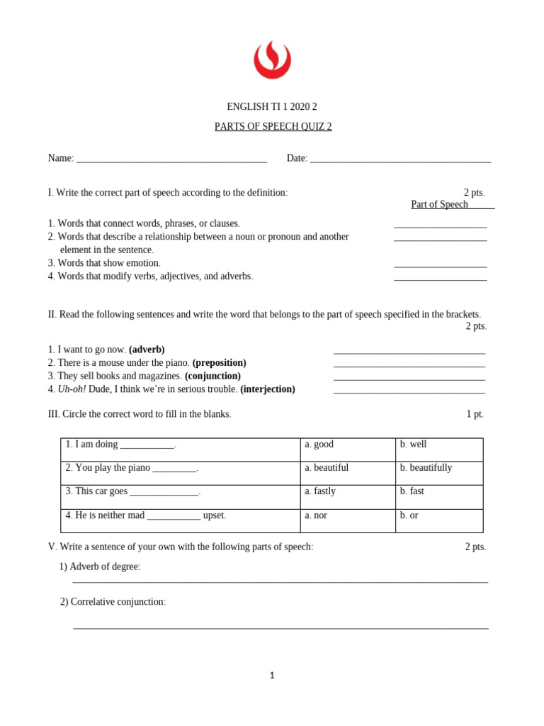 TI 1 QUIZ 2 Parts of Speech 2020 1 | PDF | Part Of Speech | Adverb