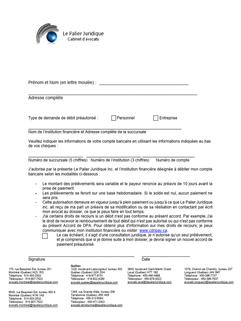 Accord de Paiement Préautorisé | PDF | Finances personnelles | Services ...