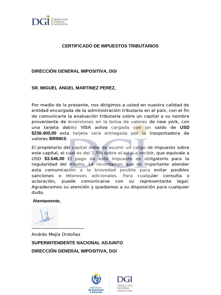 Certificado de Impuestos Tributarios | PDF