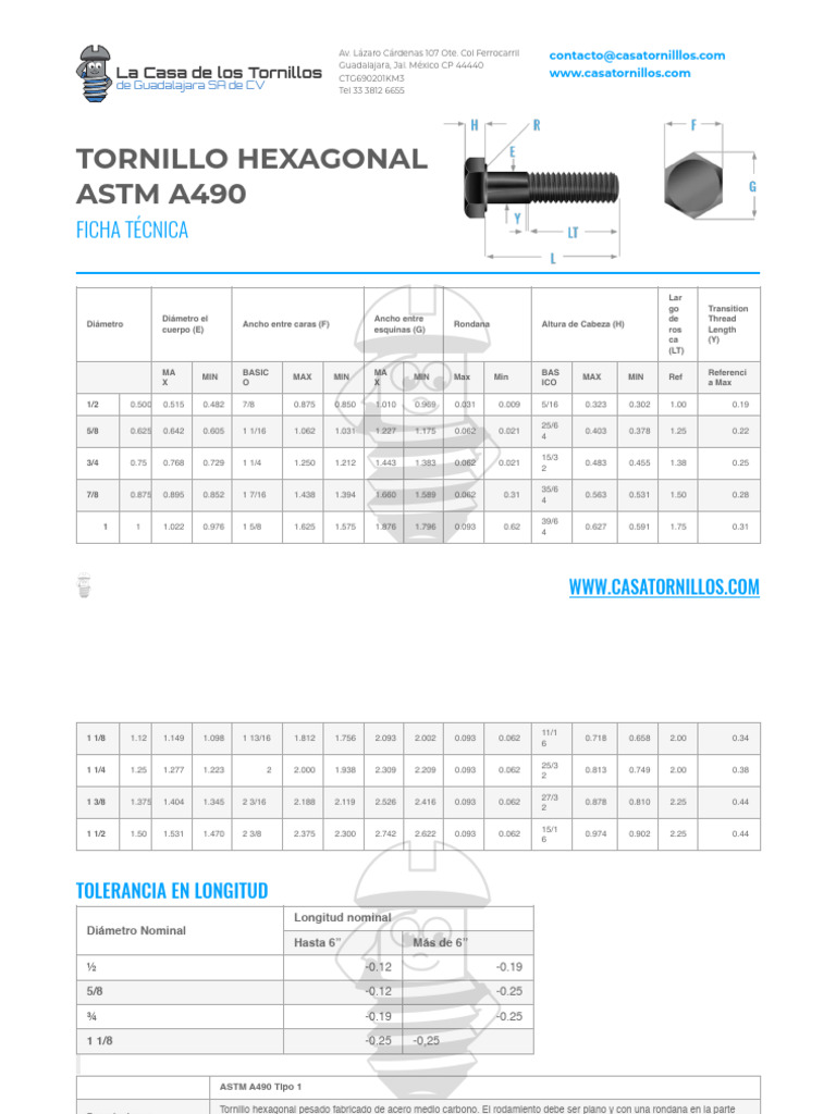 Tornillo Estructural ASTM A490: Ficha Técnica | PDF | Materiales ...