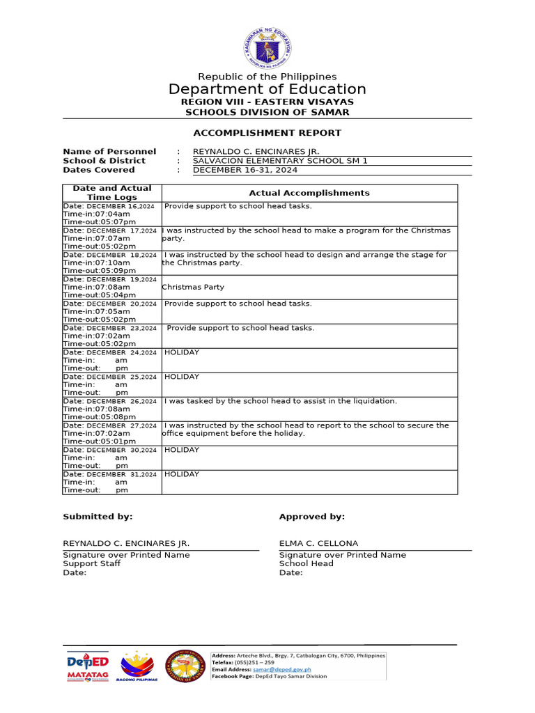 Samar School Accomplishment Report | PDF