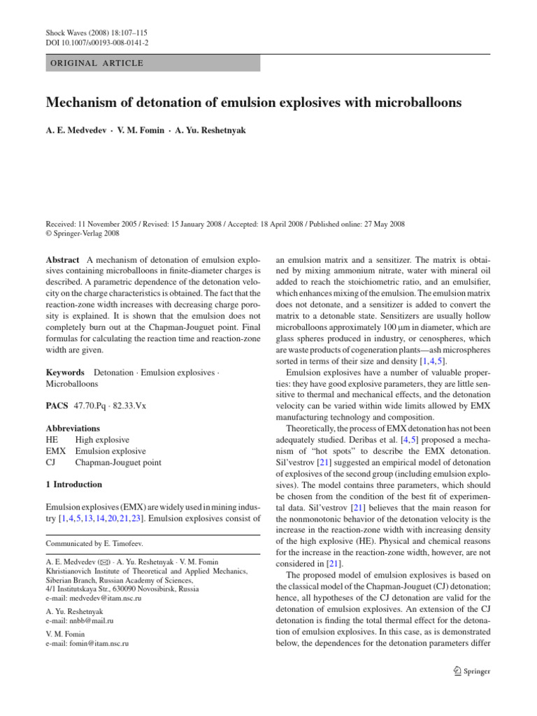 Detonation Mechanism of Emulsion Explosives | PDF | Combustion | Gases