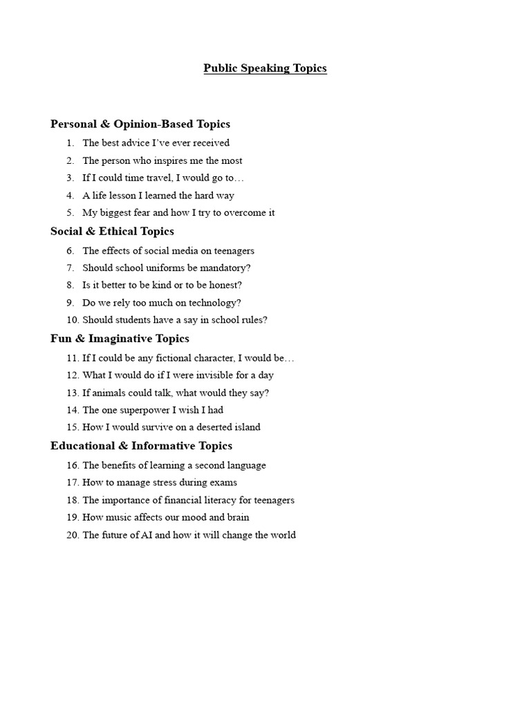 Engaging Public Speaking Topics List | PDF