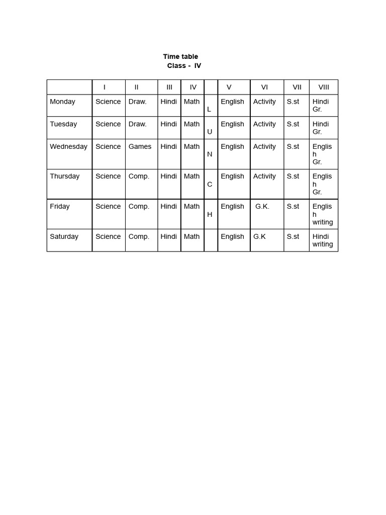Class 4 Time Table 2024-2025 | PDF