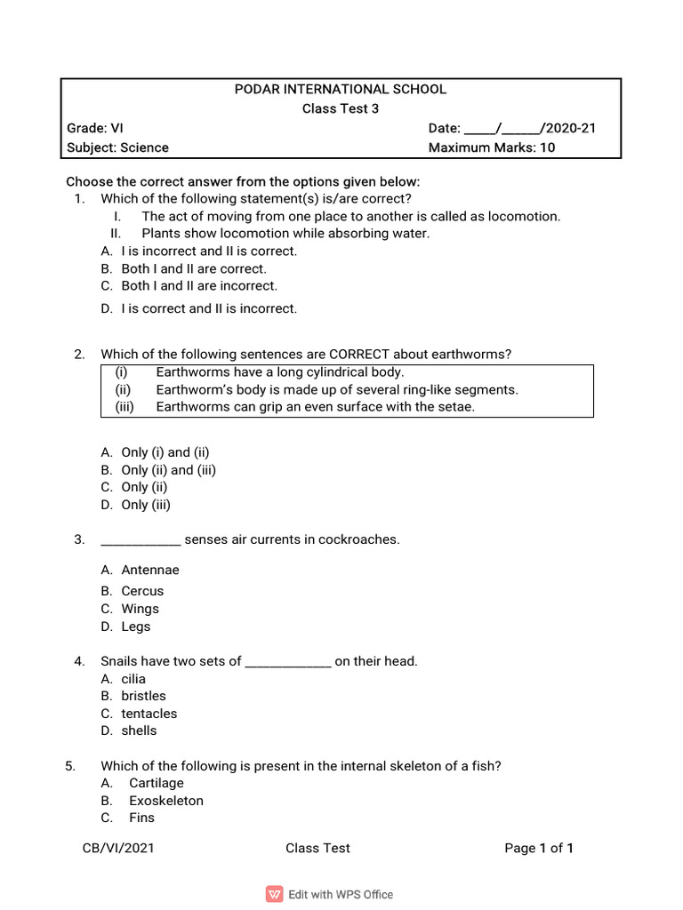 QP CB VI Sci Class Test 3 | PDF