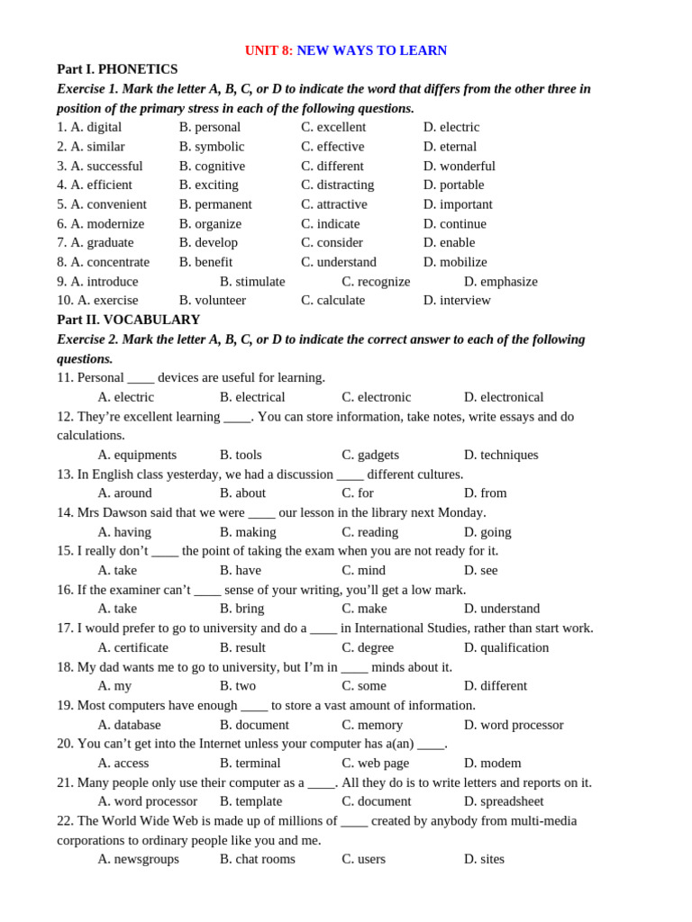 UNIT 8 [further practice] | PDF | Learning Styles | World Wide Web