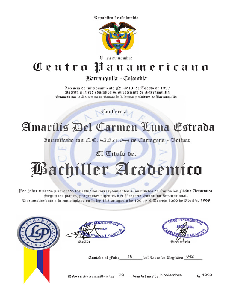 3 - Diploma Bachiller Liceo Panamericano | PDF