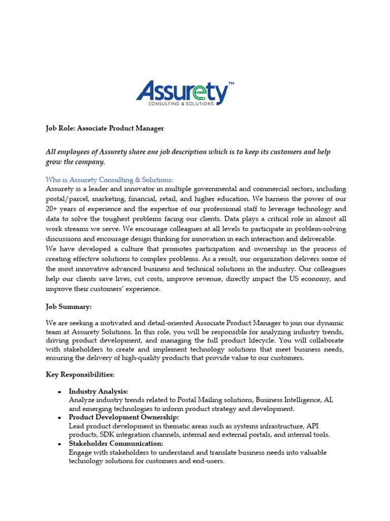 Associate Product Manager at Assurety | PDF | Marketing | Collaboration