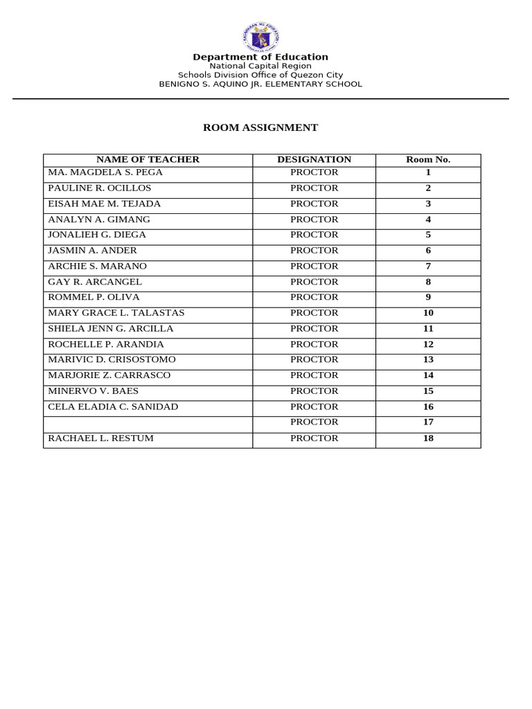 Benigno S. Aquino Jr. School Room Assignments | PDF