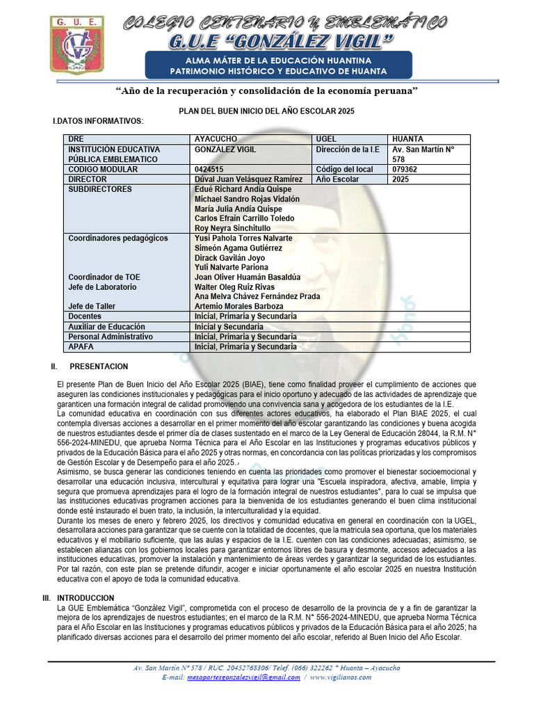Plan de Buen Inicio Año Escolar 2025 | PDF | Educación primaria | Enseñando