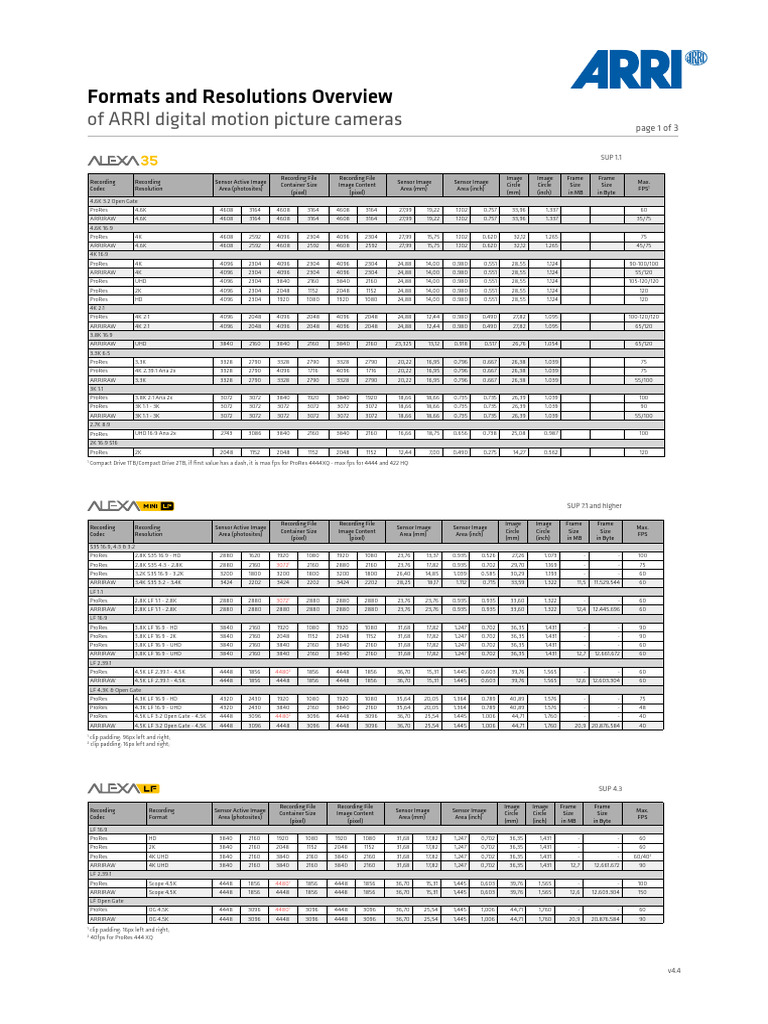 ARRI Camera Formats and Resolutions Guide | PDF | Filmmaking | Display ...