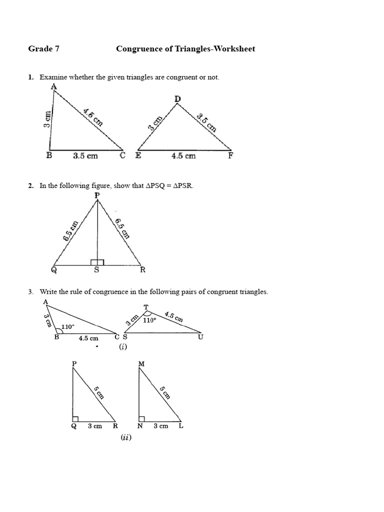 Grade 7 Congruence of Triangles Worksheet | PDF