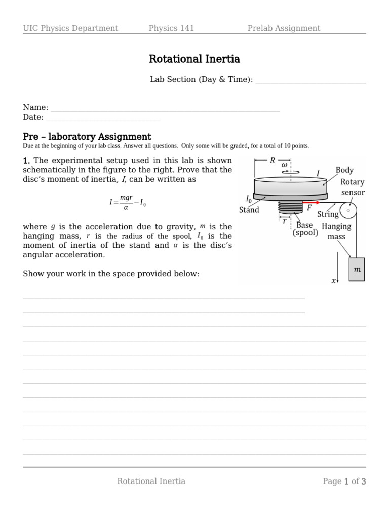 UIC Physics 141 Prelab: Rotational Inertia | PDF | Acceleration | Inertia