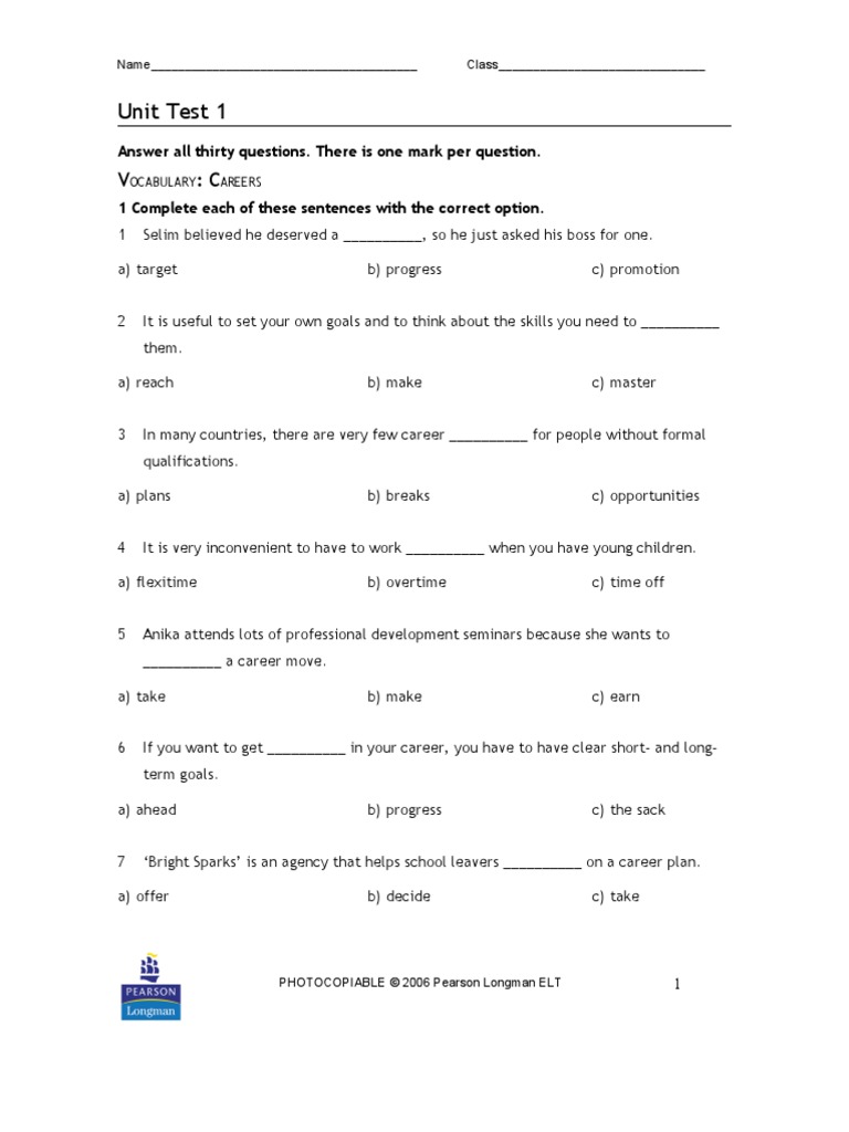 Unit Test 1: Answer All Thirty Questions. There Is One Mark Per ...