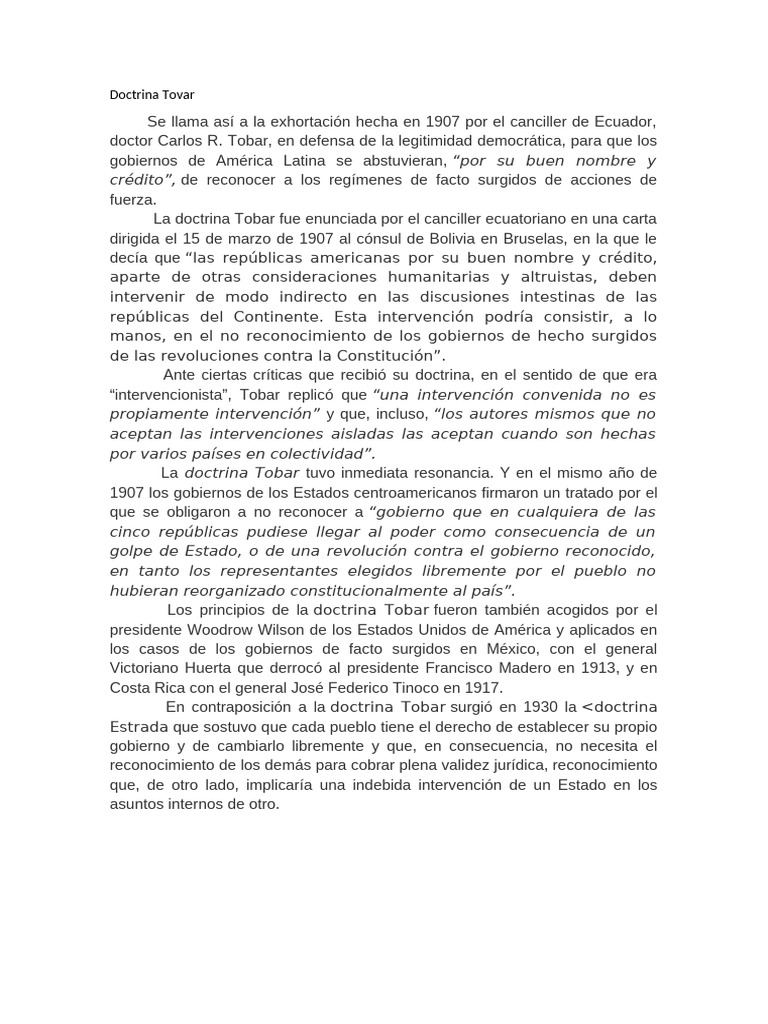 Doctrina Tobar: Legitimidad Democrática en 1907 | PDF