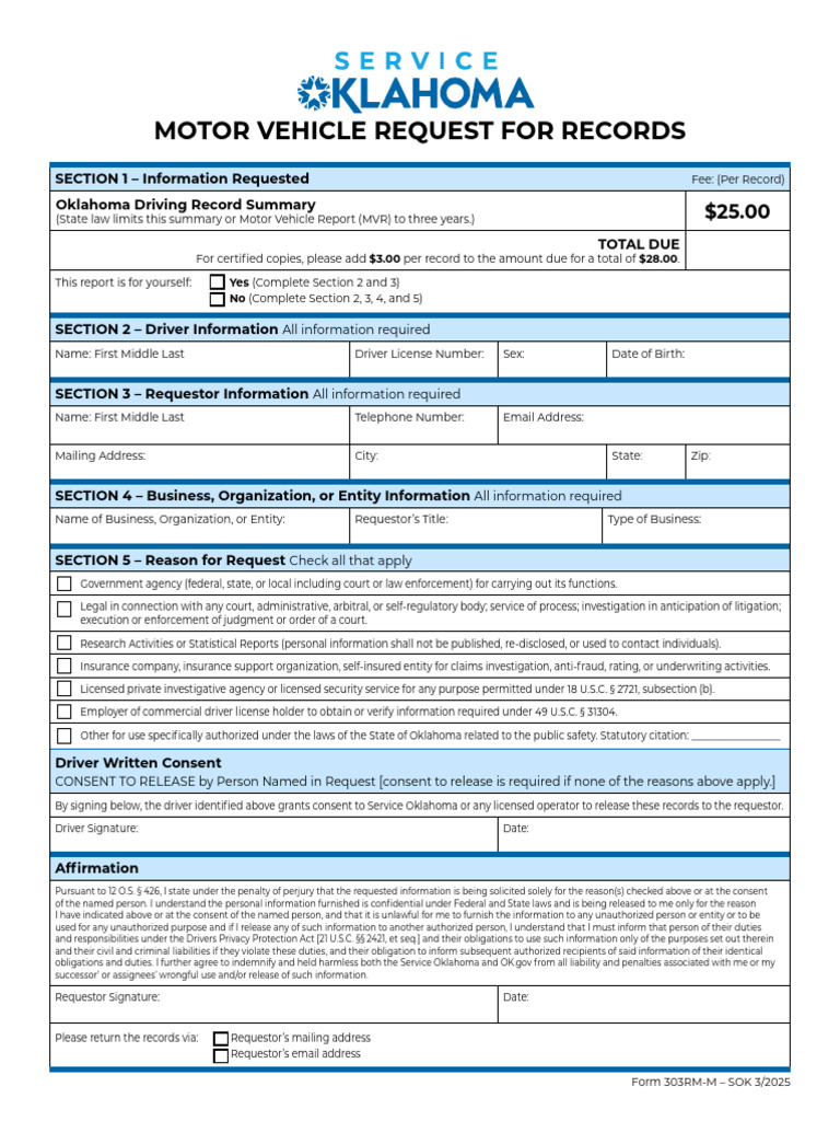 Oklahoma MVR Request Form Guide | PDF | Cheque | Driver's License