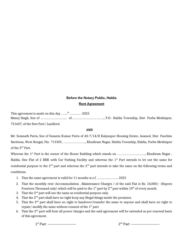 Haldia 2 BHK Rent Agreement 2025 | PDF