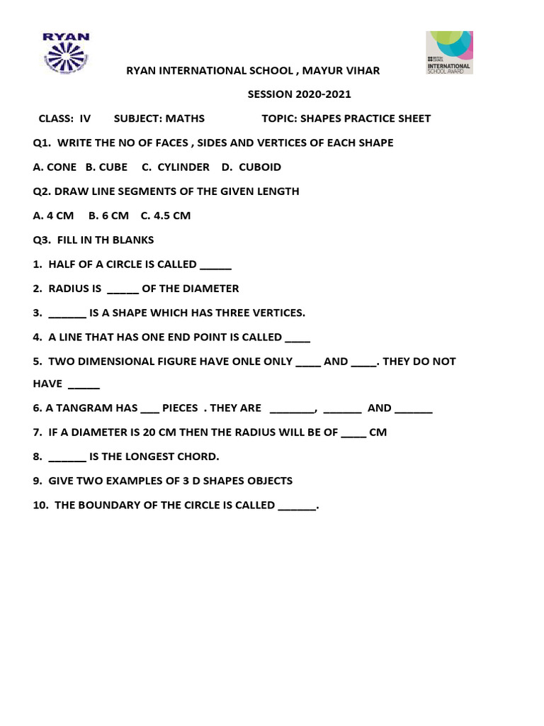 Shapes Practice Sheet for Class IV Maths | PDF