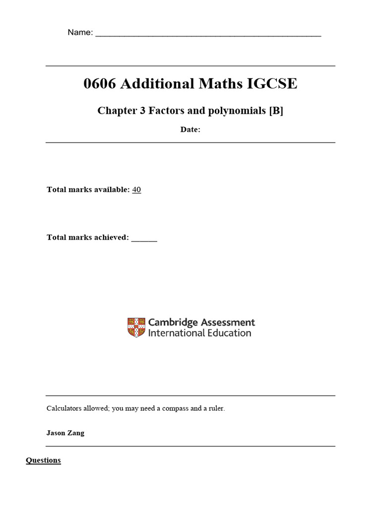 IGCSE Additional Maths: Factors & Polynomials | PDF | Factorization ...