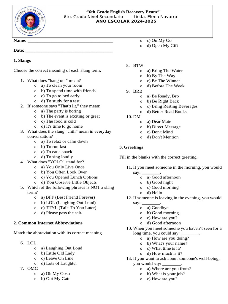 6th Grade English Recovery Exam Guide | PDF | Workweek And Weekend ...