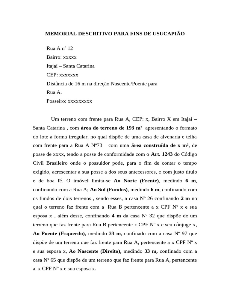 Memorial Descritivo - Usucapião | PDF